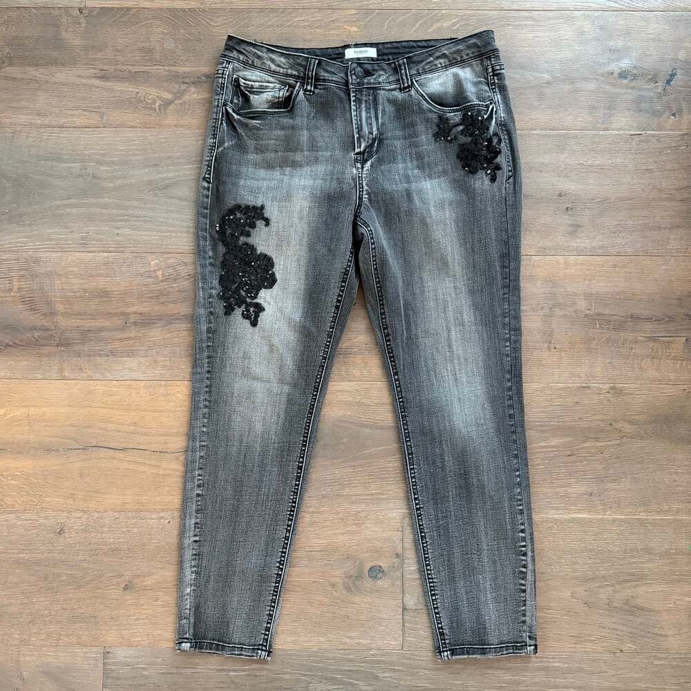 Kensie Jeans Embroidered Flowers Womens 10/30 Cropped Mid Rise Distressed Black